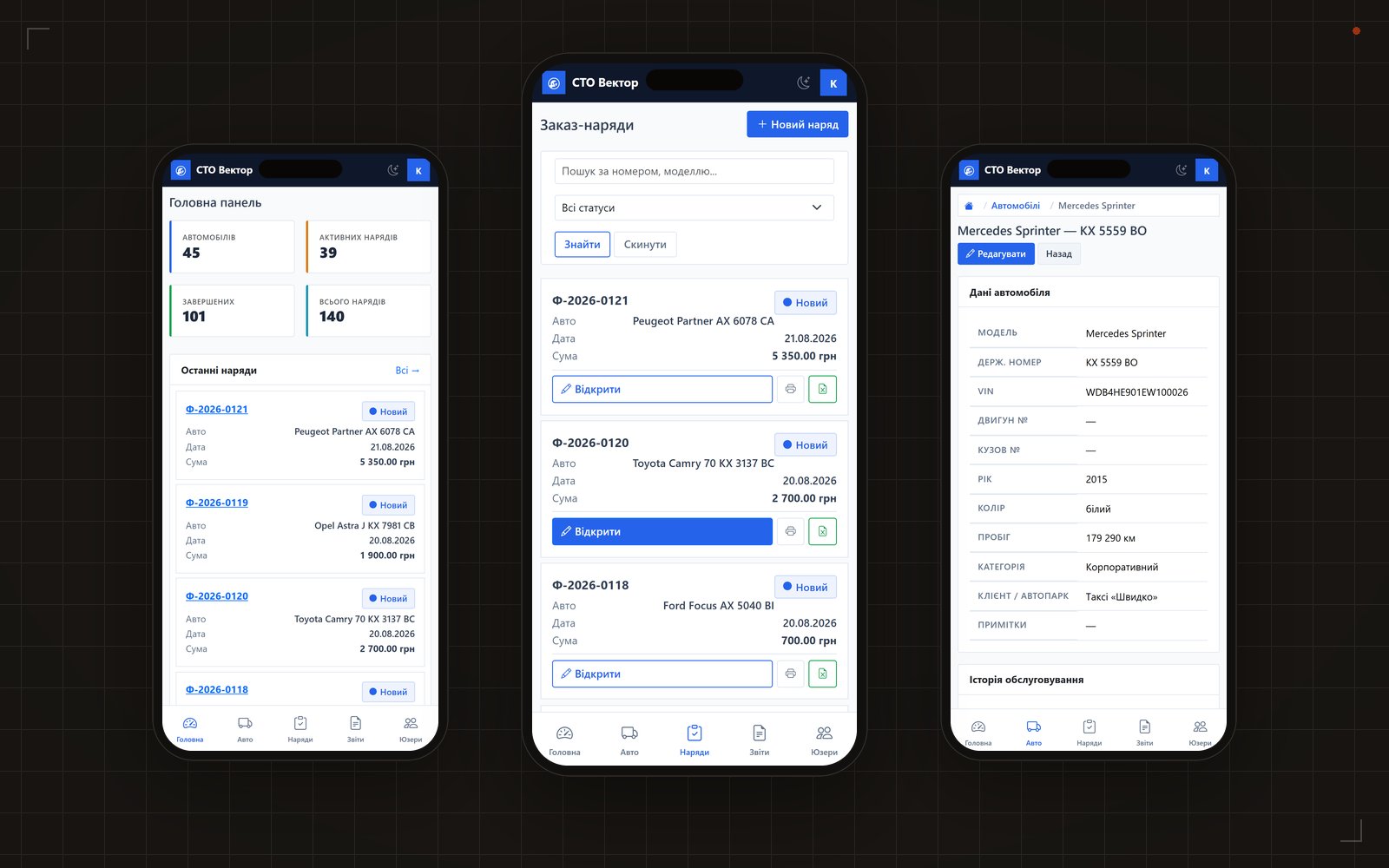 Mobile version of the Vektor auto service system